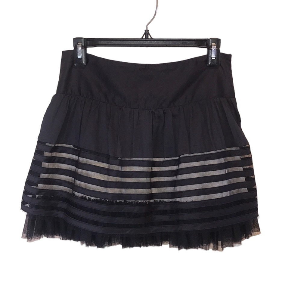 Free People Mini Skirt Black Layered Mesh Striped Elastic Waist Side Zipper SZ 8